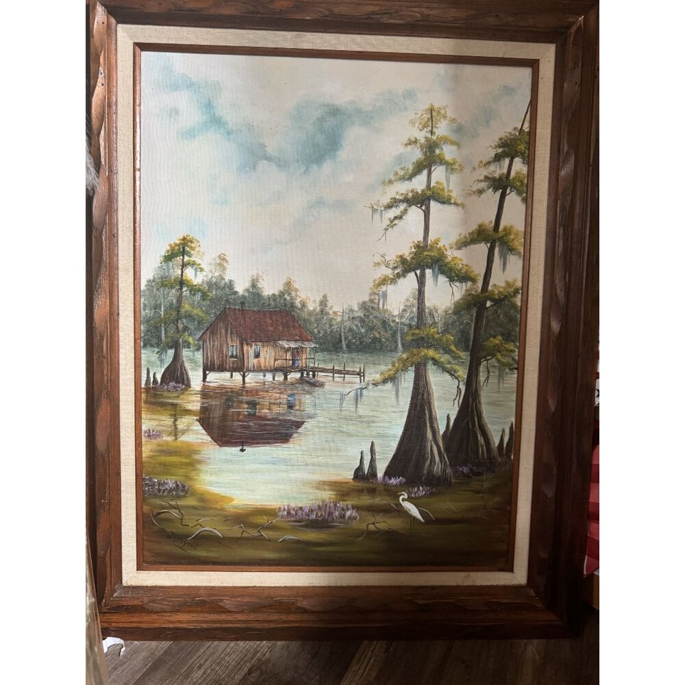 Vintage Jesse Bryan Framed Landscape Oil Painting Cypress Trees Swamp Cabin Scen